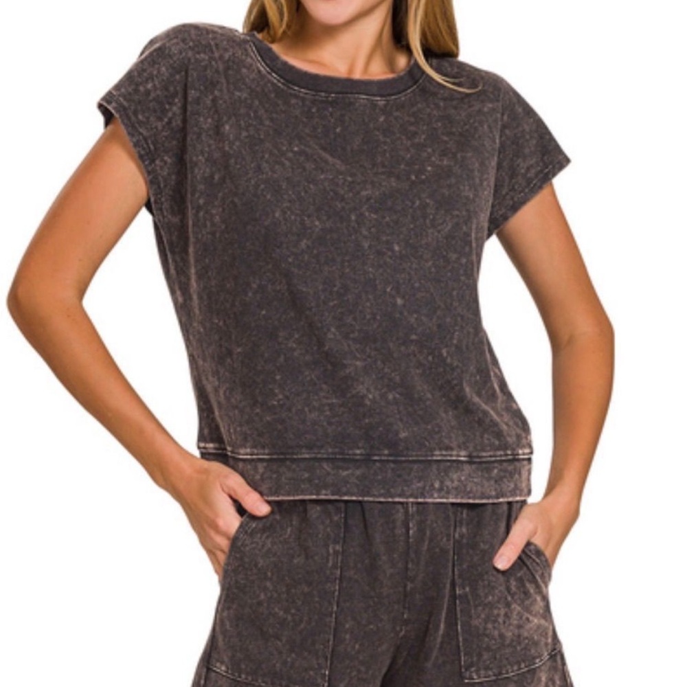 Zenana Washed Black Short Sleeve Sweatshirt Top